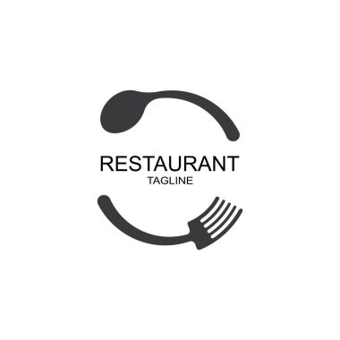 Bir kafe veya restoranın soyut logosu. Tabakta bir kaşık, bıçak ve çatal. Basit bir özet