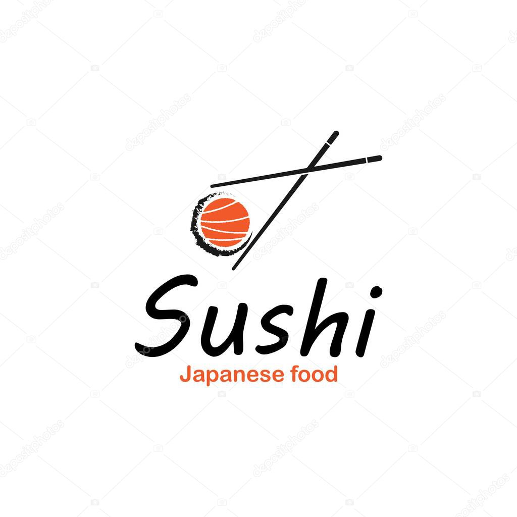 Sushi and rolls with chopstick bar or restaurant vector logo template. Japanese or chinese traditional cuisine, tasty food icon.