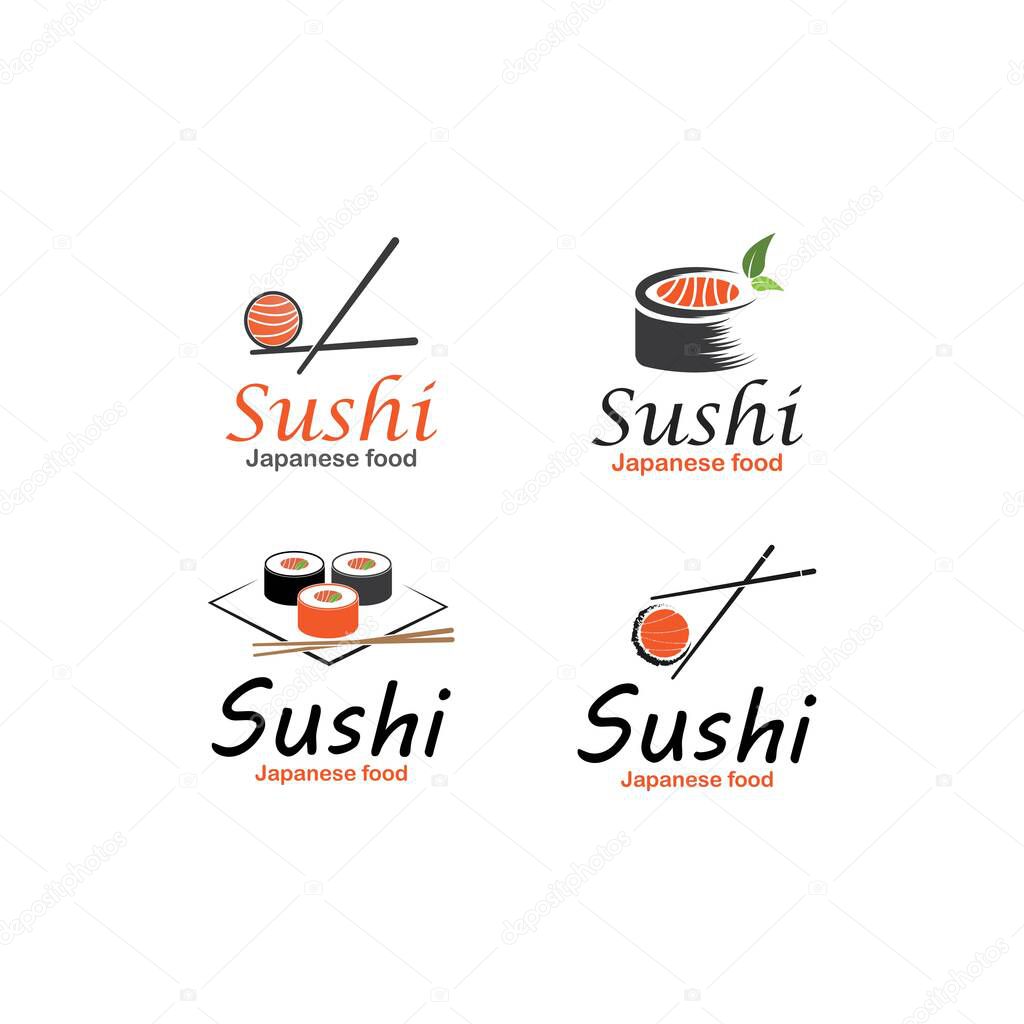 Sushi and rolls with chopstick bar or restaurant vector logo template. Japanese or chinese traditional cuisine, tasty food icon.