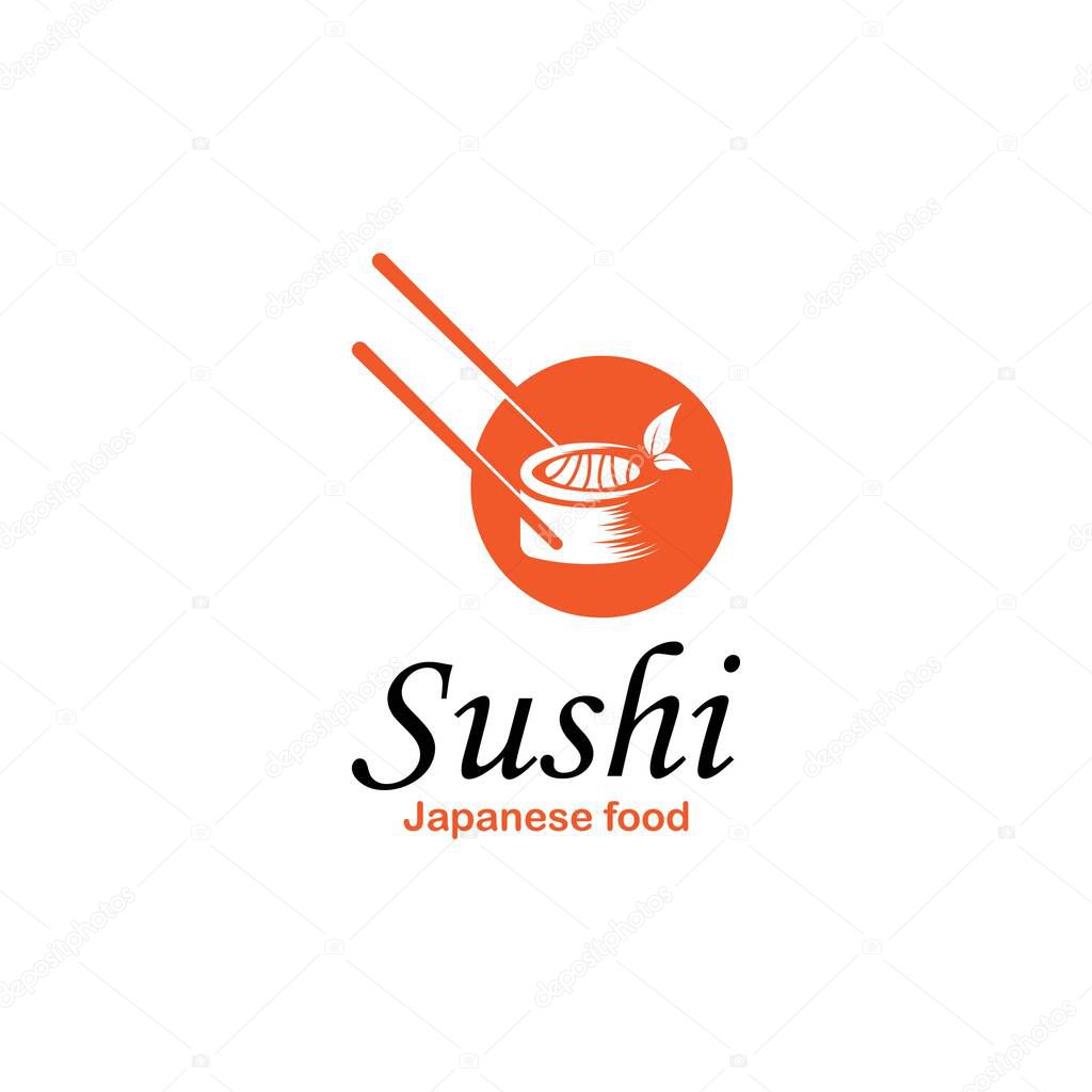Sushi and rolls with chopstick bar or restaurant vector logo template. Japanese or chinese traditional cuisine, tasty food icon.