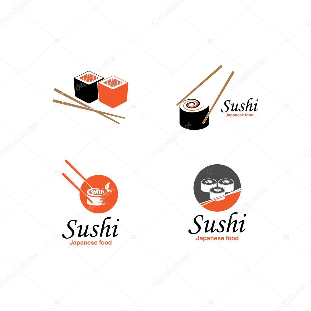Sushi and rolls with chopstick bar or restaurant vector logo template. Japanese or chinese traditional cuisine, tasty food icon.