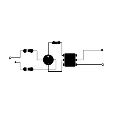 Basit bir elektronik devre diyagramı, temel bileşenleriyle, beyaz arka planda izole edilmiş. Mühendislik, eğitim ve teknolojik tasarım projeleri için ideal