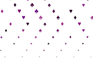 Kumarın sembolleriyle açık mor vektör örtüsü. Renkli resimler, kalpler, maça, sinek, elmas. Kumarhanelerin kartvizitleri için şablon.