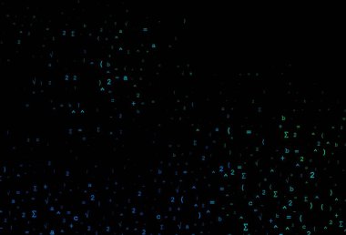 Koyu mavi, aritmetik işaretli yeşil vektör deseni. Ayrı tabelaları olan parlak renkli çizimler. Reklamlar, posterler, kitap afişleri için desen.