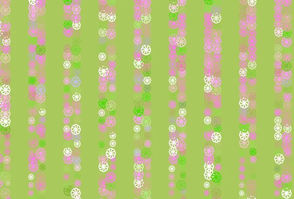 Светло Розовая Зеленая Векторная Планировка Яркими Снежинками Декоративная Сияющая Иллюстрация — стоковый вектор