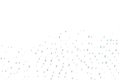 Açık mavi, müzik notalı kırmızı vektör arkaplanı. Renkli melodi sembolleri olan soyut çizimler. Duvar kağıtları için modern tasarım.