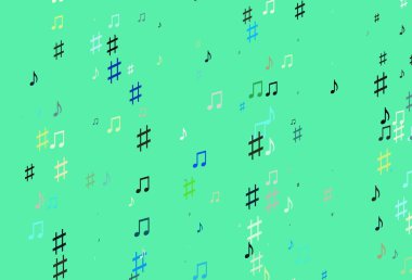 Açık mavi, müzik notalı sarı vektör arkaplan. Soyut arkaplanda rengarenk müzik tuşları. Müzisyenlerin web siteleri için desen.