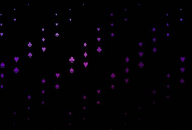 Poker sembollü koyu mor bir vektör şablonu. Oyun kartlarının izole sembollerine sahip soyut çizimler. Kumarhane reklamınız için akıllı tasarım.