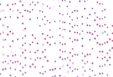 İskambil kağıtlarıyla açık mor vektör dokusu. Renkli resimler, kalpler, maça, sinek, elmas. Kumarhanelerin kartvizitleri için şablon.
