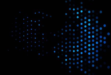 Lekeli koyu mavi vektör kapağı. Parlak renkli soyut çemberlerin olduğu bir resim. Reklamlar, broşürler için desen.