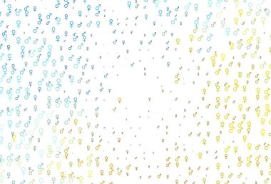 Açık mavi, içinde erkek ve kadın sembolleri olan sarı vektör şablonu. Renkli cinsiyet sembollü soyut illüstrasyon. Uniseks duvar kağıtları için modern tasarım.