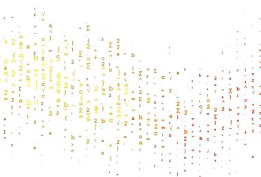 Matematik sembollü açık turuncu vektör dokusu. Renkli cebir işaretli soyut illüstrasyon. Reklamlar, posterler, kitap afişleri için desen.