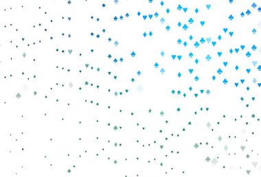 Açık mavi, kart işaretli yeşil vektör arkaplan. Kalplerle, maça, sinek ve elmaslarla parlayan illüstrasyon. Kumarhanelerin kartvizitleri için şablon.