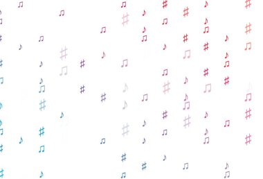 Açık mavi, müzik notalı kırmızı vektör arkaplanı. Melodi tuşları olan modern soyut çizimler. Festival broşürleri için desen.