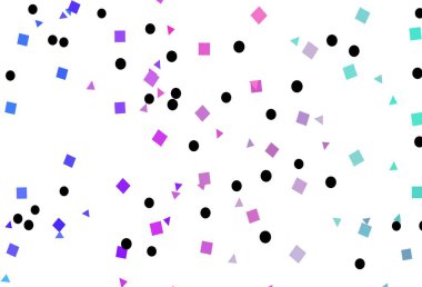 Açık pembe, dairesel çokgen şeklinde mavi vektör deseni. Küreler, kareler ve çizgilerle soyut çizimler. İniş sayfası için modern şablon.