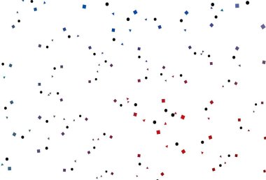 Açık mavi, üçgenli, daireli, küplü kırmızı vektör arkaplan. Soyut tarzda dekoratif tasarım, çizgiler, noktalar, küplerle. Reklamınız, posteriniz, afişiniz için en iyi tasarım.