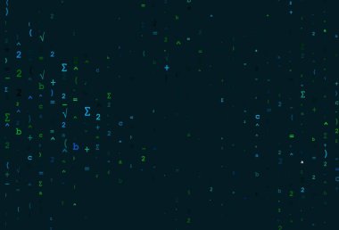 Açık mavi, matematiksel elementlerle yeşil vektör örtüsü. Soyut şablonun üzerinde sayısal semboller olan illüstrasyon. Üniversite terfiniz için akıllı tasarım.