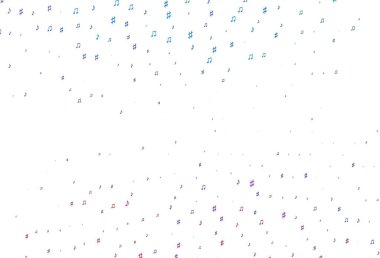 Açık mavi, müzik sembollü kırmızı vektör şablonu. Renkli gradyan notaların parlak çizimi. Müzisyenlerin web siteleri için desen.