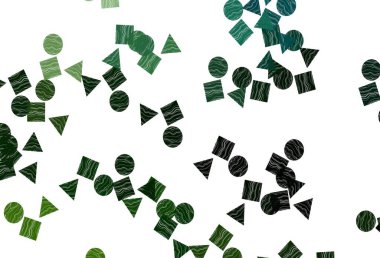 Açık yeşil vektör kapağı dairelerle çokgen biçiminde. Soyut tarzda dekoratif tasarım, çizgiler, noktalar, küplerle. Web siteleri için şablon kullanılabilir.