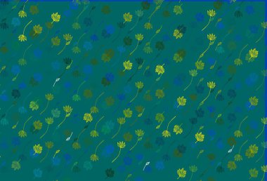 Açık mavi, sarı vektör elle boyanmış arka plan. Renkli yapraklı eskiz karalamalar. Duvar kağıtları ve boyama kitapları için desen.