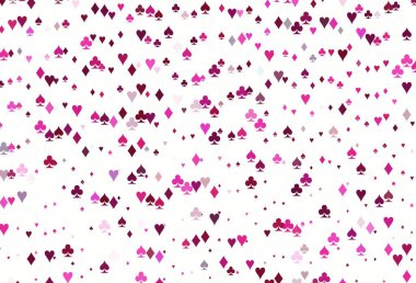 Poker sembollü açık pembe vektör şablonu. Kalplerin, maça, sinek ve elmasların bulanık dekoratif tasarımı. Reklam, poster ve kumar siteleri için tasarım.