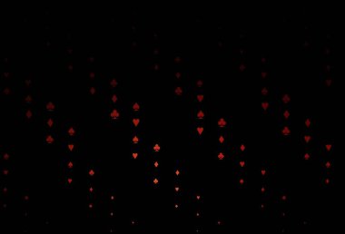 Koyu kırmızı vektör arka planı ve kart işaretleri. Kalplerle, maça, sinek ve elmaslarla parlayan illüstrasyon. Kumarhanelerin kartvizitleri için şablon.