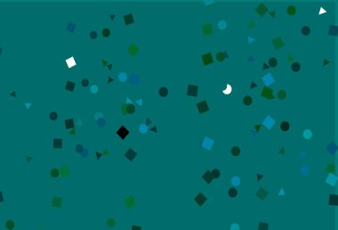 Açık mavi, çemberli çokgen şekilli yeşil vektör deseni. Küreler, kareler ve çizgilerle soyut çizimler. İş ilanları, broşürler, broşürler için desen