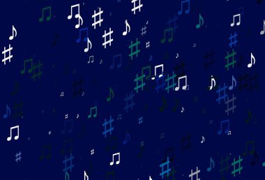 Açık Mavi, müzik sembollü yeşil vektör arkaplan. Soyut tarzda dekoratif tasarım ve müzik şekilleri. Duvar kağıtları için modern tasarım.
