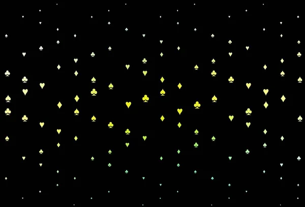 ダークグリーン 黄色のベクトルは ギャンブルのシンボルでカバー ハート スペード クラブ ダイヤモンドのカラーイラスト 小冊子や賭博場のチラシの模様 — ストックベクタ