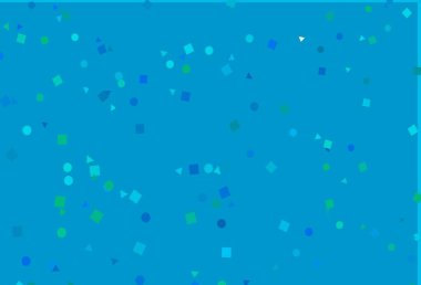 Açık mavi, daireleri, çizgileri, dikdörtgenleri olan yeşil vektör düzeni. Renkli daireler, üçgenler, kareler çizilmiş bir resim. İş ilanları, broşürler, broşürler için desen