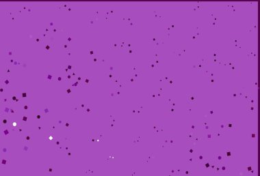 Çokgen biçiminde dairesel açık mor vektör deseni. Renkli noktaları, çizgileri, küpleri olan soyut çizimler. İniş sayfası için modern şablon.