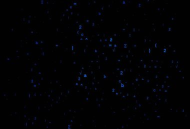 Matematik elementleriyle koyu mavi vektör kaplaması. Soyut şablonun üzerinde sayısal semboller olan illüstrasyon. Reklamlar, kitapçıklar, eğitim broşürleri.