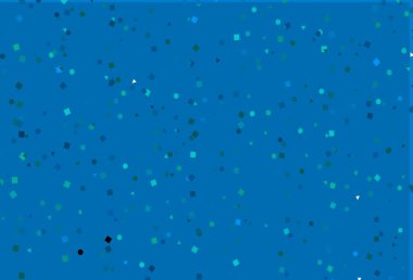 Açık mavi, daireleri, çizgileri, dikdörtgenleri olan yeşil vektör düzeni. Çemberler, üçgenler ve küplerle soyut gradyan çizimi. Reklamınız, posteriniz, afişiniz için en iyi tasarım.