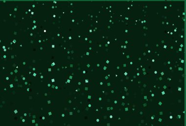 Açık yeşil vektör arkaplanı üçgenler, daireler, küplerle. Renkli daireler, üçgenler, dikdörtgenler. Duvar kağıtları için şablon.