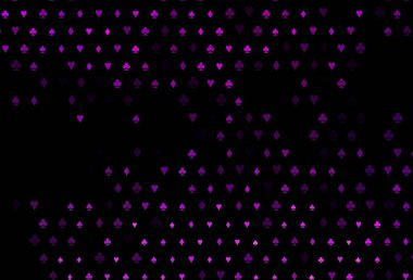 Kumar sembolleriyle kaplanmış koyu mor bir vektör. Kalplerin, maça, sinek ve elmasların işaretleriyle renkli bir değişim. Vegas 'ta parti ilanları, etkinlikler.