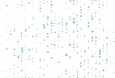 Matematik elemanları ile hafif BLUE vektör arkaplanı. Ayrı tabelaları olan parlak renkli çizimler. Matematik fakülteniz için en iyi tasarım.