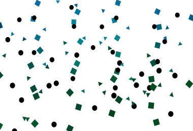 Açık mavi, çizgileri, daireleri ve eşkenarı olan yeşil vektör arkaplanı. Renkli daireler, üçgenler, kareler çizilmiş bir resim. Reklamınız, posteriniz, afişiniz için en iyi tasarım.