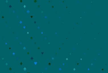 Açık mavi, iskambil kağıtlı yeşil vektör dokusu. Kalplerle, maça, sinek ve elmaslarla parlayan illüstrasyon. Kitapçıklar, kumarhanelerin broşürleri..