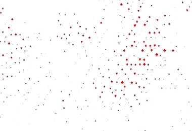 Kart işaretli açık kırmızı vektör arkaplanı. Kalplerin, maça, sinek ve elmasların işaretleriyle renkli bir değişim. Kitapçıklar, kumarhanelerin broşürleri..