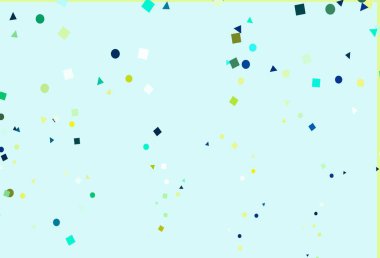 Açık mavi, sarı vektör dokusunda daireler ve küplerle. Renkli daireler, üçgenler, kareler çizilmiş bir resim. Reklamınız, posteriniz, afişiniz için en iyi tasarım.