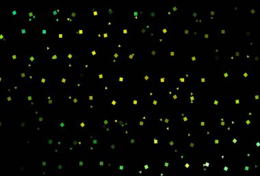 Koyu yeşil, daire şeklinde sarı vektör deseni. Soyut tarzda dekoratif tasarım, çizgiler, noktalar, küplerle. İş ilanları, broşürler, broşürler için desen