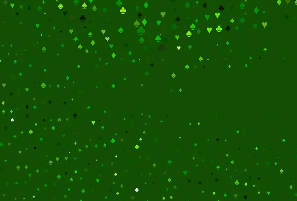 ライトグリーンベクトルはギャンブルのシンボルで覆われています ハート スペード クラブ ダイヤモンドで輝くイラスト カジノの名刺用テンプレート — ストックベクタ