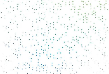 Açık mavi, içinde poker sembolleri olan yeşil vektör şablonu. Kalplerin, maça, sinek ve elmasların bulanık dekoratif tasarımı. Kitapçıklar, kumarhanelerin broşürleri..