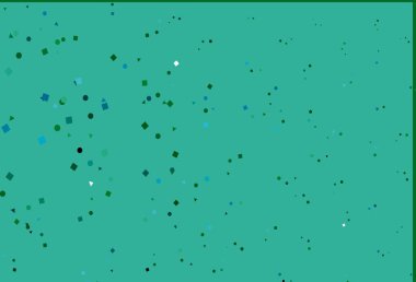 Açık mavi, çizgileri, daireleri ve eşkenarı olan yeşil vektör arkaplanı. Çemberler, üçgenler ve küplerle soyut gradyan çizimi. İş ilanları, broşürler, broşürler için desen