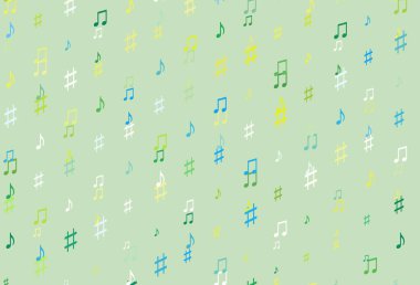Açık mavi, müzik elementli sarı vektör deseni. Soyut tarzda dekoratif tasarım ve müzik şekilleri. Fasion dergileri için şablon.