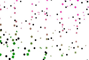 Açık pembe, çemberli çokgen şekilli yeşil vektör deseni. Çemberler, üçgenler ve küplerle soyut gradyan çizimi. Reklamınız, posteriniz, afişiniz için en iyi tasarım.