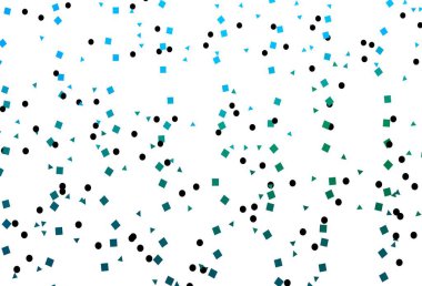 Açık mavi, çizgileri, daireleri ve eşkenarı olan yeşil vektör arkaplanı. Renkli daireler, üçgenler, kareler çizilmiş bir resim. Reklamınız, posteriniz, afişiniz için en iyi tasarım.