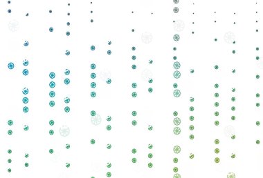 Açık mavi, yeşil vektör arkaplan ve xmas kar taneleri. Soyut şablondaki kar ile dekoratif parlak illüstrasyon. Reklamınız, posteriniz, afişiniz için yeni yıl tasarımı.