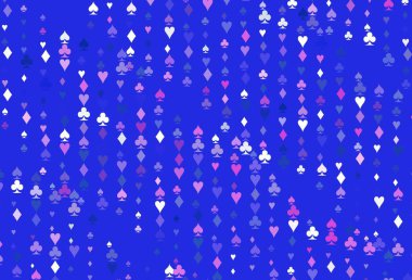 Açık Pembe, poker sembollü mavi vektör şablonu. Kalplerin, maça, sinek ve elmasların işaretleriyle renkli bir değişim. Kitapçıklar, kumarhanelerin broşürleri..