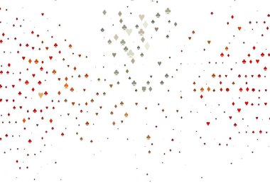 Açık Kırmızı, sarı vektör arkaplanı ve kart işaretleri. Kalplerin, maça, sinek ve elmasların işaretleriyle renkli bir değişim. Kumarhanelerin kartvizitleri için şablon.
